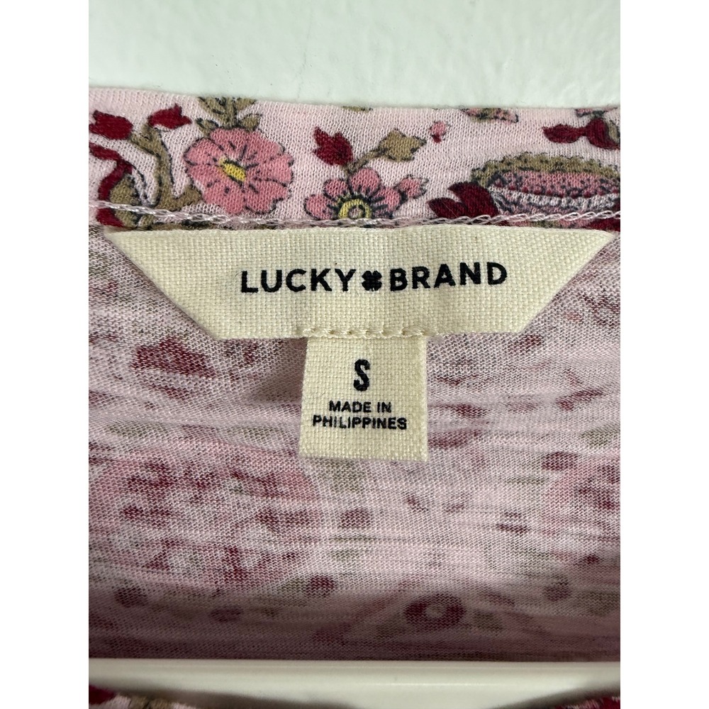 Lucky Brand Pink Floral paisley peasant Button Front Short Sleeve Boho Top Small - Picture 2 of 8